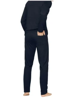 Pyjama long en coton uni à imprimé poitrine, à coupe droite, col V et pantalon à taille élastiquée