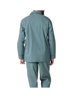 Pyjama long en coton vert à pois avec une coupe ouverte et un col cranté