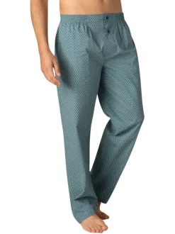 Pyjama long en coton vert à pois avec une coupe ouverte et un col cranté