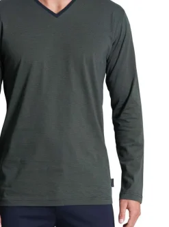 Pyjama long en coton vert uni coupe ajustée col V et surpiqûres bleues