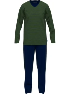Pyjama long en coton vert uni coupe ajustée col V et surpiqûres bleues
