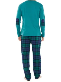 Pyjama Long en coton vert vichy coupe régular avec un col rond et un flocage voiture et sapin