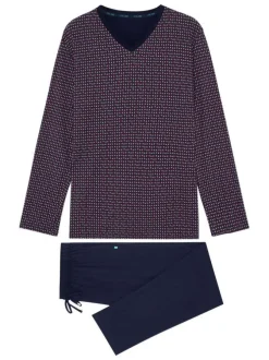 Pyjama long Figari en coton marine à col v imprimé géométrique rouge et blanc