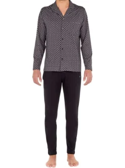 Pyjama long Fortaleza en coton noir à col revers boutonné avec imprimé trèfles et poids