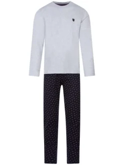 Pyjama long gris chiné en coton avec un col rond et bas à taille élastiquée