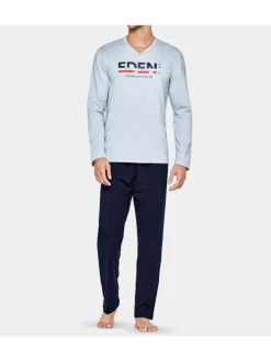 Pyjama long gris chiné en coton col v