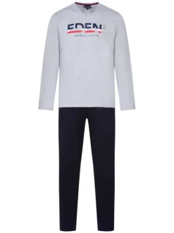 Pyjama long gris chiné en coton col v