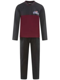 Pyjama long gris et bordeaux à coupe droite un col v et des manches longues
