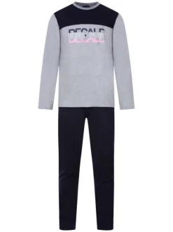 Pyjama long gris fantaisie en coton col rond