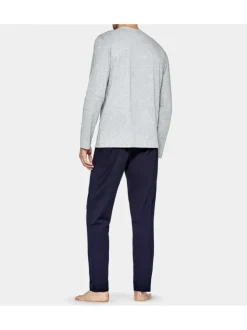 Pyjama long gris fantaisie en coton col rond