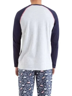 Pyjama long gris imprimé en coton avec une coupe droite et un col rond