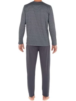 Pyjama long Jaipur en coton gris à col v imprimé géométrique et logo brodé sur le pantalon