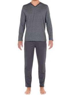 Pyjama long Jaipur en coton gris à col v imprimé géométrique et logo brodé sur le pantalon