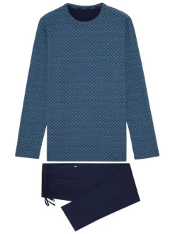 Pyjama long Kos en coton bleu à col rond imprimé géométrique et logo brodé sur le pantalon
