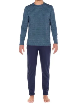 Pyjama long Kos en coton bleu à col rond imprimé géométrique et logo brodé sur le pantalon