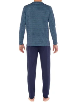 Pyjama long Kos en coton bleu à col rond imprimé géométrique et logo brodé sur le pantalon