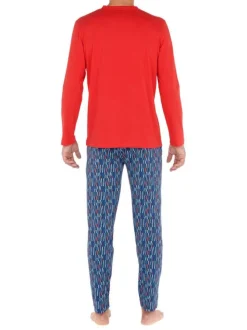 Pyjama long Lugano en coton multicolore à col v et imprimé géométrique sur le pantalon