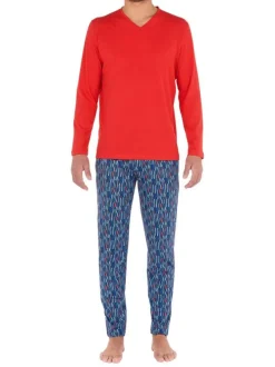 Pyjama long Lugano en coton multicolore à col v et imprimé géométrique sur le pantalon