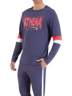 Pyjama long marine en coton avec une coupe droite et un col rond