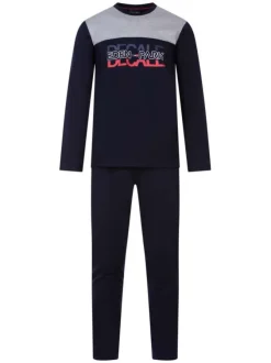 Pyjama long marine en coton col rond