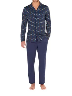 Pyjama long marine en coton fantaisie coupe droite avec un col cubain et un imprimé losanges