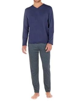 Pyjama long marine en coton fantaisie coupe droite avec un col v et un motif cadrillage