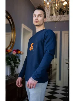 Pyjama Long marine fantaisie coupe fermée avec col rond et logo imprimé poitrine