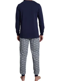 Pyjama long marine imprimé avec une coupe droite et un col rond