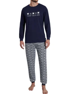 Pyjama long marine imprimé avec une coupe droite et un col rond