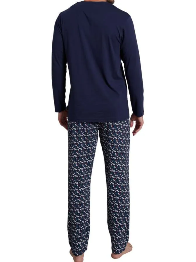 Pyjama long marine imprimé avec une coupe droite un col v et des manches longues