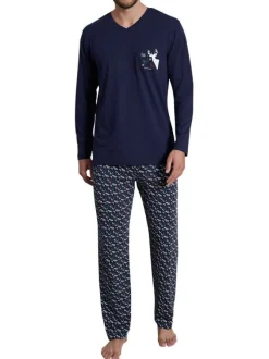 Pyjama long marine imprimé avec une coupe droite un col v et des manches longues