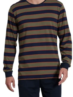 Pyjama long marine rayé avec une coupe droite un col rond et des manches longues