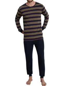 Pyjama long marine rayé avec une coupe droite un col rond et des manches longues