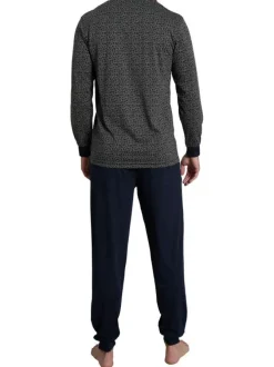 Pyjama long marine tacheté avec une coupe droite et un col tunisien