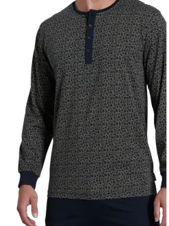 Pyjama long marine tacheté avec une coupe droite et un col tunisien