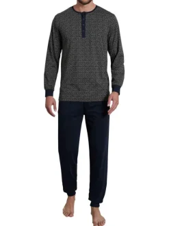 Pyjama long marine tacheté avec une coupe droite et un col tunisien