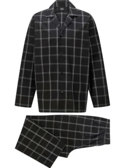 Pyjama long noir en coton fantaisie coupe régular avec un col cubain à manches longues