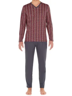 Pyjama long Ottawa en coton gris à col imprimé imprimé géométrique et logo brodé sur le pantalon