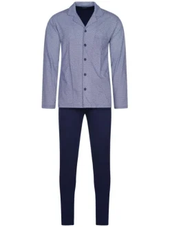 Pyjama long Ramatuelle marine en coton coupe droite fluide col cranté