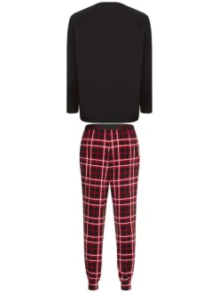 Pyjama long rouge et noir en coton à carreaux et gros logo