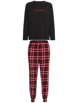 Pyjama long rouge et noir en coton à carreaux et gros logo