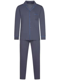 Pyjama long Samena anthracite uni en coton coupe droite fluide col cranté