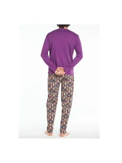 Pyjama long violet en coton coupe droite