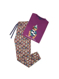 Pyjama long violet en coton coupe droite
