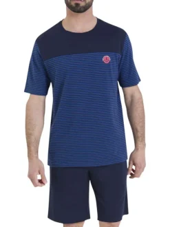 Pyjama short en coton bleu rayé pourvu d'un col rond et de manches courtes