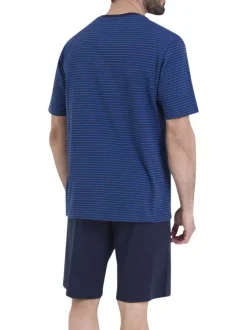 Pyjama short en coton bleu rayé pourvu d'un col rond et de manches courtes