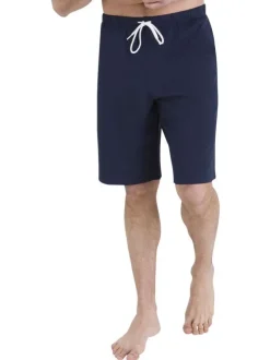 Pyjama short en coton bleu rayé pourvu d'un col rond et de manches courtes