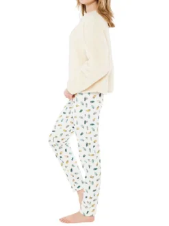 Pyjama Ten.Interieur en coton écru imprimé coupe régular avec un col rond et un haut polaire avec inscriptions