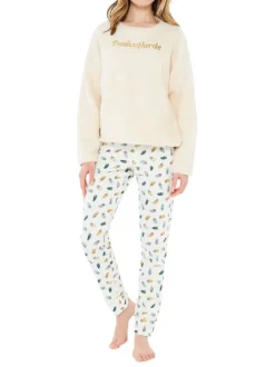 Pyjama Ten.Interieur en coton écru imprimé coupe régular avec un col rond et un haut polaire avec inscriptions