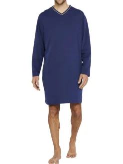 Pyjama T-Shirt De Nuit en coton marine uni avec une coupe droite et un col V